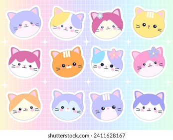 kawaii set sticker layout fruit,  cute cartoon animals cats characters and flowers, on rainbow background, soft pink color, pastel color stickers print-ready  