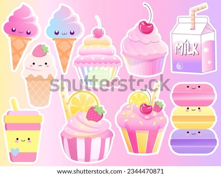 kawaii set sticker layout fruit,  cute cartoon food and fruit , cupcakes macaroni, ice cream, soft pink color, pastel color stickers 