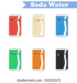 Kawaii set of vector flat soda water. Colorful set of fruit soda water
