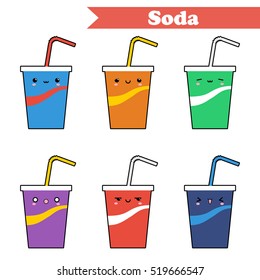 Kawaii set of vector flat soda water. Colorful set of fruit soda water