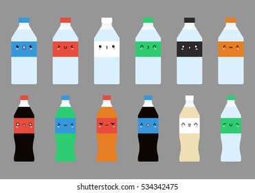 Kawaii set of vector flat soda water and bottle of water. Colorful set of fruit soda water and bottle of water. Bottle set vector