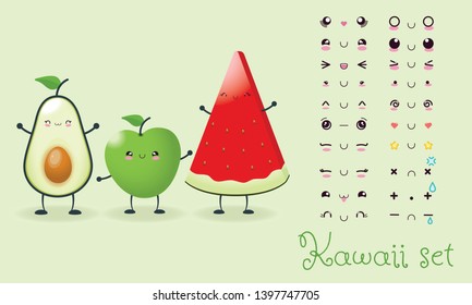 Kawaii set with vectors Fruits