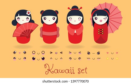 Kawaii set with vectors Japaneses dolls