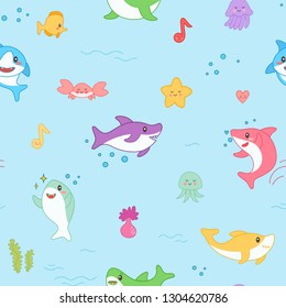 Kawaii Shark Seamless Pattern. Cute Funny Fish Nautical Background with Sea Creatures and Marine Life for Wallpaper, Decoration. Vector illustration