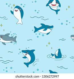Kawaii Shark Seamless Pattern. Cute Funny Sharks Nautical Background with Sea Creatures and Marine Life for Wallpaper, Decoration. Vector illustration