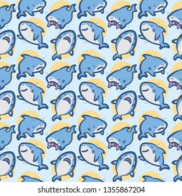 Kawaii Shark Seamless Pattern. Cute Funny Sharks Nautical Background with Sea Creatures and Marine Life for Wallpaper, Decoration. Vector illustration 