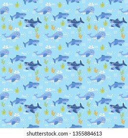 Kawaii Shark Seamless Pattern. Cute Funny Sharks Nautical Background with Sea Creatures and Marine Life for Wallpaper, Decoration. Vector illustration 