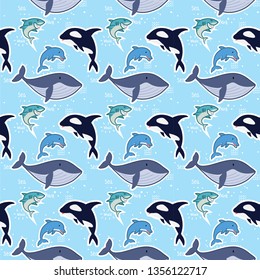 Kawaii Shark Seamless Pattern. Cute Funny Sharks Nautical Background with Sea Creatures and Marine Life for Wallpaper, Decoration. Vector illustration 
