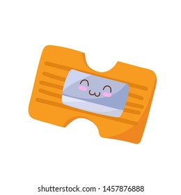 Kawaii Sharpener. School, office supplies in cute cartoon style. Vector hand drawn doodle of office instrument isolated on white background. Pencil sharpenings illustration with funny smiling face.