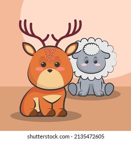 kawaii sheep and deer little animals