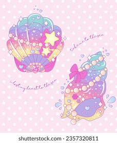 kawaii shells stickers，pastel colors，Bright gradient color，Beautiful ocean，I love the ocean，Protect the ocean，Beautiful pearl shells，cute bow