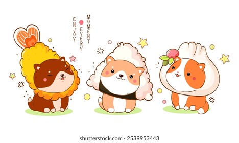 Kawaii Shiba inu and cat. Cute akita inu puppy and kitty playing with sushi, tempura, dango and dumpling costumes. Can be used for t-shirt print, sticker, greeting card, menu design. Vector EPS8