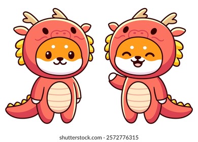 Kawaii Shiba Inu dog character in green dragon costume. Chinese New Year animal. Cute cartoon vector clip art illustration.