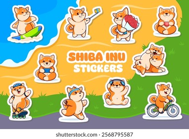 Kawaii shiba inu dog and puppy characters sticker. Cute animal pet childish happy vector mascot stickers, kawaii Japanese Shiba inu dog cartoon personages surfing, riding bike, jogging and skating