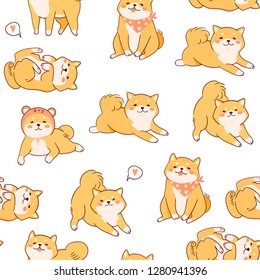 Kawaii Shiba Inu Hunde in verschiedenen Posen. Handgezeichnetes, farbiges, nahtloses Muster