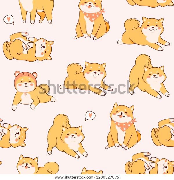 Kawaii Shiba Inu Dogs Various Poses Stock Vector Royalty