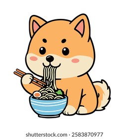 Kawaii Shiba Inu Eating Ramen noodles Cartoon Vector Illustration. Flat cartoon style icon. Food logo concept Isolated vector.