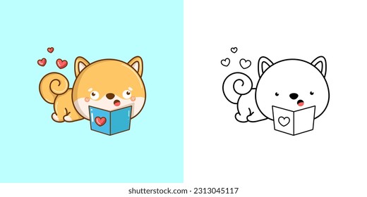 Kawaii Shiba Inu Illustration and For Coloring Page. Funny Kawaii Dog. Vector Illustration of a Kawaii Animal for Stickers, Baby Shower, Coloring Pages, Prints for Clothes.
