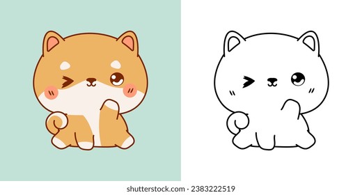 Kawaii Shiba Inu Puppy Clipart Multicolored and Black and White. Cute Kawaii Baby Dog. Isolated Vector Illustration of a Kawaii Baby Animal for Prints for Clothes, Stickers, Baby Shower. 