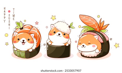 Kawaii Shiba inu and sushi. Cute akita inu puppy playing with sushi. Little dog with rolls. Can be used for t-shirt print, sticker, greeting card, menu design. Vector illustration EPS8