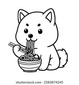 Kawaii Shibu Inu Dog Eating Ramen cartoon vector illustration. Food Logo Concept Isolated Vector. Flat cartoon line icon vector. Isolated contour symbol black illustration.