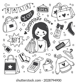 Kawaii Shopping Doodle Line Art Isolated on White Background