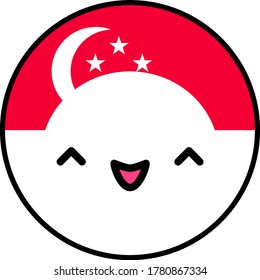 Kawaii Singapore flag smile. Flat style. Cute cartoon isolated fun design emoticon face. Vector art anime illustration for celebration holiday decoration element. Business card with template icon.