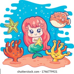 Kawaii siren with nice marine animals