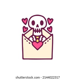 Kawaii skulk inside a love letter, illustration for t-shirt, sticker, or apparel merchandise. With doodle, retro, and cartoon style.