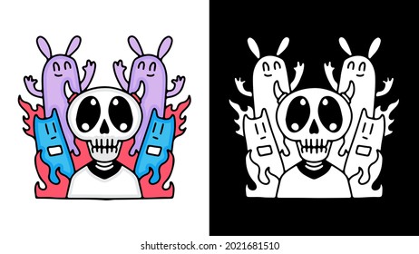 Kawaii skull with animals in fire illustration. Vector graphics for t-shirt prints and other uses.