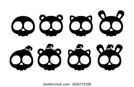 Kawaii Skull, Cat Skull, Bunny Skull, Bear Skull, Halloween, Vector illustration. 