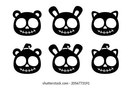 Kawaii Skull, Cat Skull, Bunny Skull, Bear Skull, Halloween, Vector illustration. 