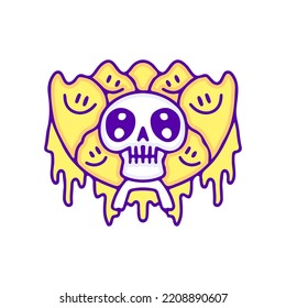 Calavera de Kawaii con una sonrisa derretida con el dibujo de un doodle, ilustración para camisetas, pegatinas o prendas de vestir. Con estilo pop moderno.