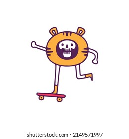 Kawaii skull in tiger costume riding skateboard, illustration for t-shirt, street wear, sticker, or apparel merchandise. With doodle, retro, and cartoon style.