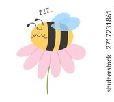 Kawaii sleeping bee resting on pink flower with closed eyes and soft wings on white background. Hand drawn flat vector illustration. Perfect for kids design, nursery decor, posters, cards and prints