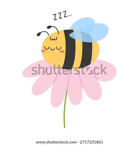 Kawaii sleeping bee resting on pink flower with closed eyes and soft wings on white background. Hand drawn flat vector illustration. Perfect for kids design, nursery decor, posters, cards and prints