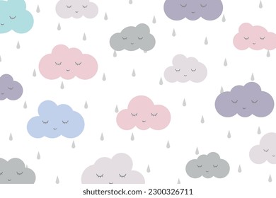 Kawaii Sleeping cloud with rain doodle seamless pattern. Cute wallpaper vector illustration.