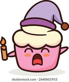 Kawaii Sleepy Cupcake Characters with Nightcaps and Candles – Cute Vector Set