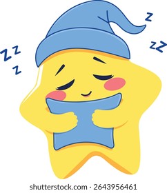Kawaii Sleepy Star Hugging Pillow with Nightcap and Zzz – Cute Cartoon Vector