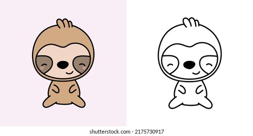 Kawaii Sloth Clipart Multicolored and Black and White. Cute Kawaii Sloth. Vector Illustration of a Kawaii Animal for Stickers, Prints for Clothes, Baby Shower, Coloring Pages. 