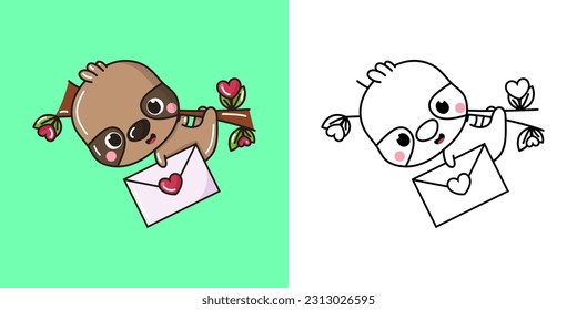 Kawaii Sloth Clipart Multicolored and Black and White. Cute Kawaii Animal. Vector Illustration of a Kawaii Animal for Stickers, Prints for Clothes, Baby Shower, Coloring Pages.
