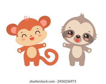 Kawaii sloth and monkey cute jungle animals. Anime chibi cartoon characters. Adorable south american animal smiling waving. Baby ape and sloth children vector illustration flat design.