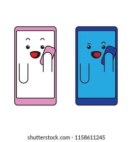 Kawaii smartphone boy and girl speaking to phones. Vector illustration