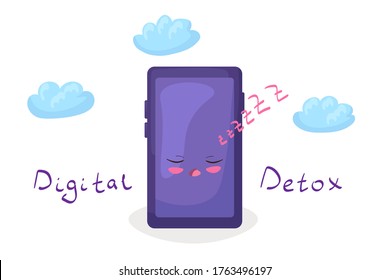 Kawaii smartphone character with sleeping face. Cute vector illustration in cartoon style isolated on white background. Digital detox concept with lettering. Funny doodle with phone or tablet.