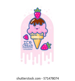 Kawaii smiled ice cream illustration.
Colorful ice cream with chocolate and strawberries in a cone. Japanese style picture.