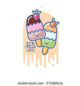 Kawaii smiled ice cream illustration.
Colorful ice cream on a stick. Japanese style picture.
