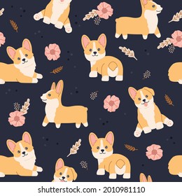 Kawaii smiling baby welsh corgi cartoon seamless pattern. Happy playful cute dog with flowers repeat blue background. Funny domestic puppy flat doodle characters. Vector hand drawn kids illustration