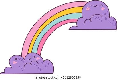 Kawaii smiling clouds with rainbow on transparent background. Good for scrapbooking, prints, patterns, children posters.