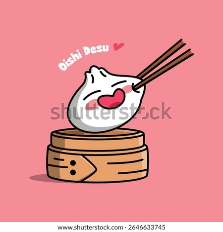 KAWAII SMILING DIMSUM CLIPPED BY CHOPSTICKS CARTOON DESIGN
