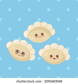 Kawaii smiling dumplings vector illustration. Cute cartoon food characters in light colors. Use for card, food package, t-shirt print, children menu, wrapping paper. Restaurant, cafe decoration.